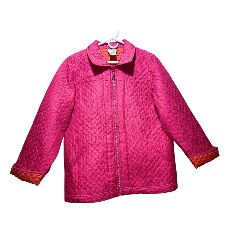 Quacker Factory Quilted Barn Coat Jacket Womens Large Pink 100% Silk Embellished